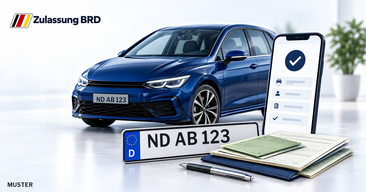 Online Fahrzeugzulassung in Neuburg a.d.Donau: Musterkennzeichen ND AB 123, Auto und Fahrzeugpapiere und Smartphone. Illustration mit Logo von Zulassung BRD.